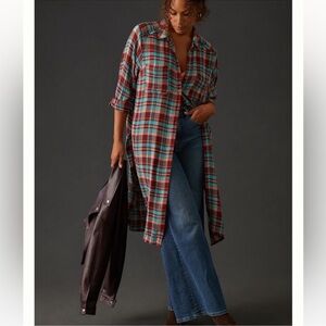 Anthropologie Pilcro Longline Plaid Side Slit Long Button Down Tunic. Sz S D250